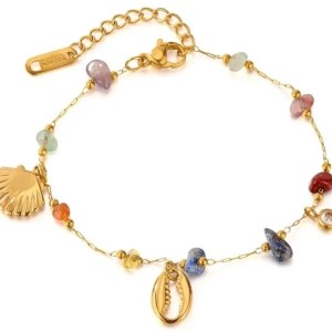 ECARLA Βραχιόλι από χειρουργικό ατσάλι επιχρυσωμένο με χρυσό 14 καρατίων – κοχύλια και πέτρες